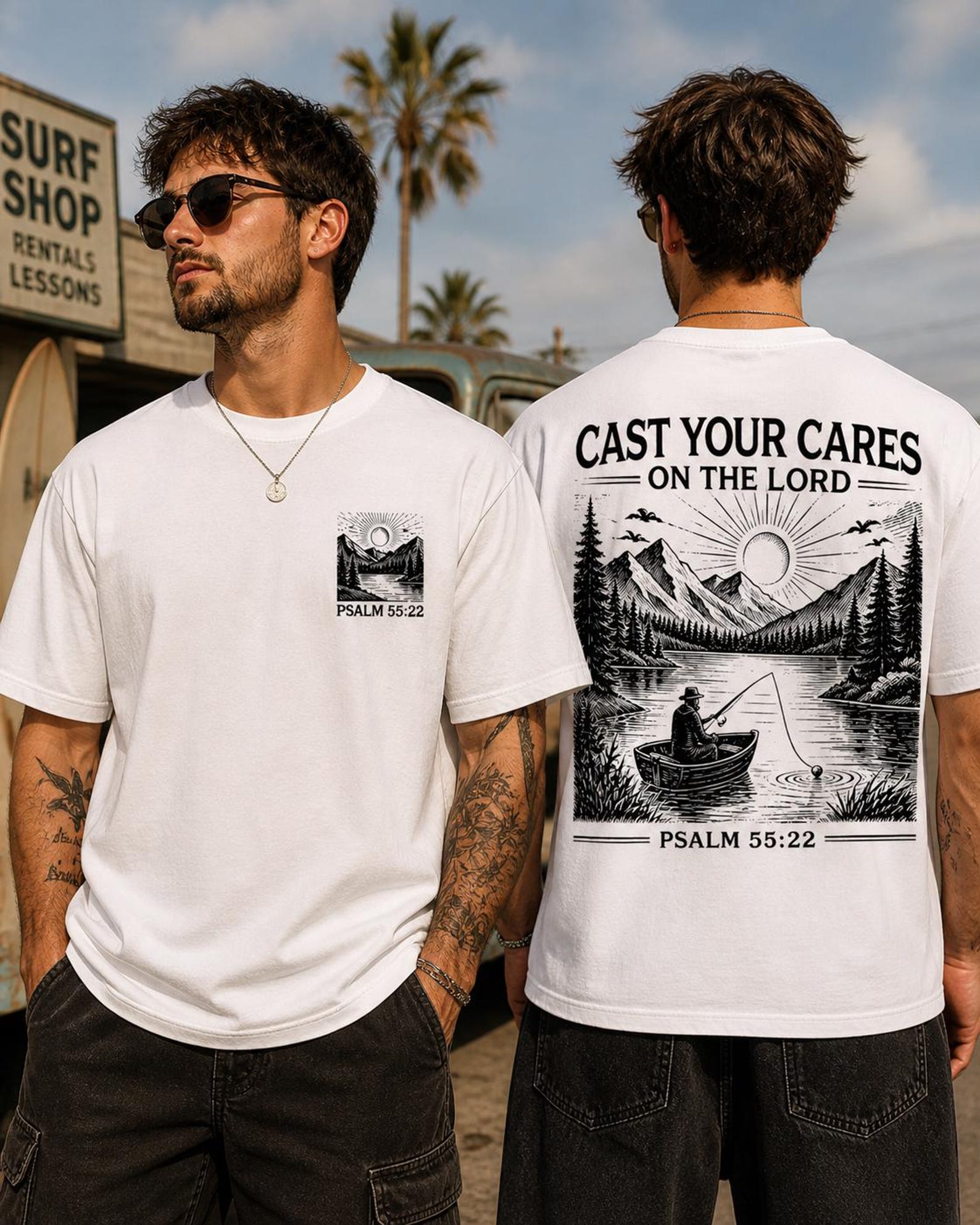 Christian Fishing Graphic Tee, Psalm 55:22 Vintage Faith Shirt M