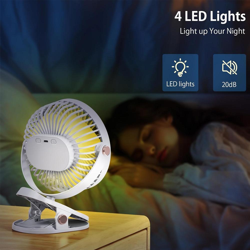 Portable Clip Fan with LED Lights Desk Fan 5 Speed Quiet Rechargeable Mini Table Fan, 360° Rotate Personal Cooling Fan for Home Office