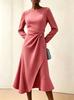 European and American Women's Clothing New Long-sleeved Solid Color Round Neck Dress Medium and Long Dress Women
