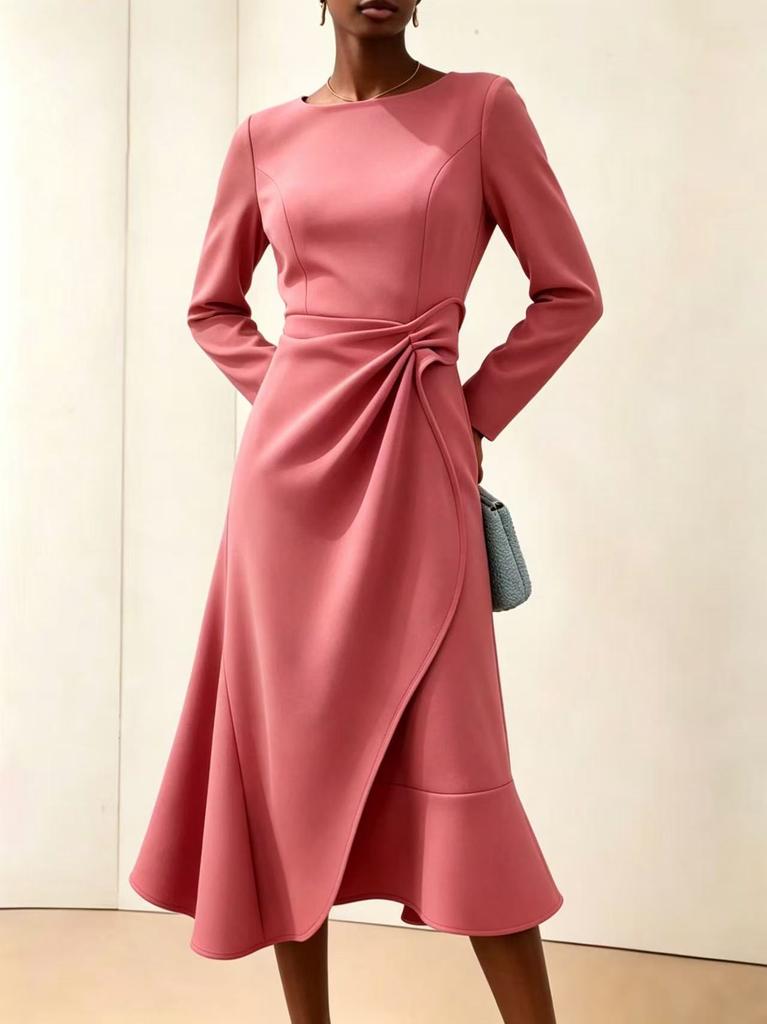 European and American Women's Clothing New Long-sleeved Solid Color Round Neck Dress Medium and Long Dress Women
