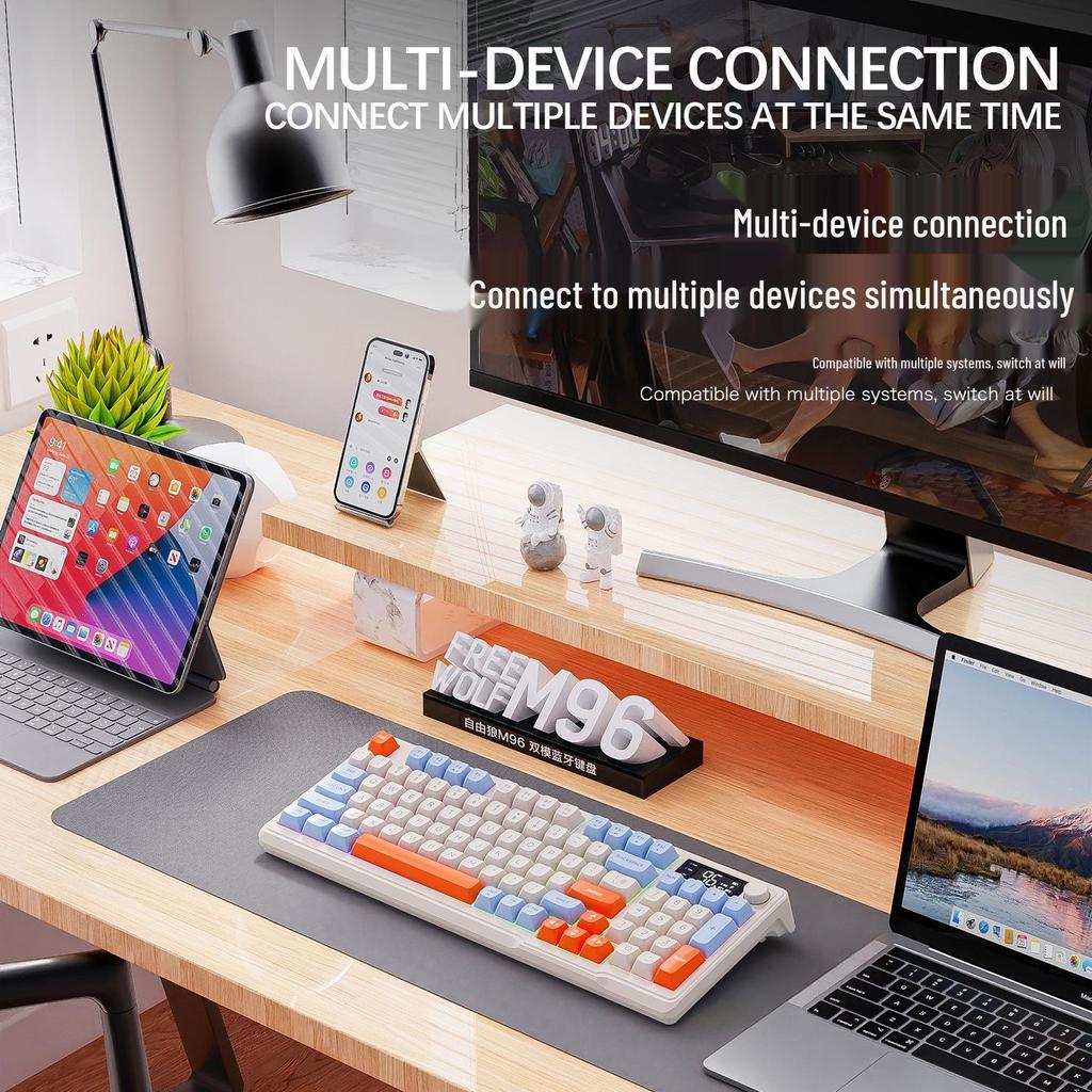 Free Wolf M96 Dual-Mode Wireless Bluetooth Keyboard: PBT Spherical Keycaps, Display Screen, Knob Control, Mechanical Feel, Gaming-Ready.