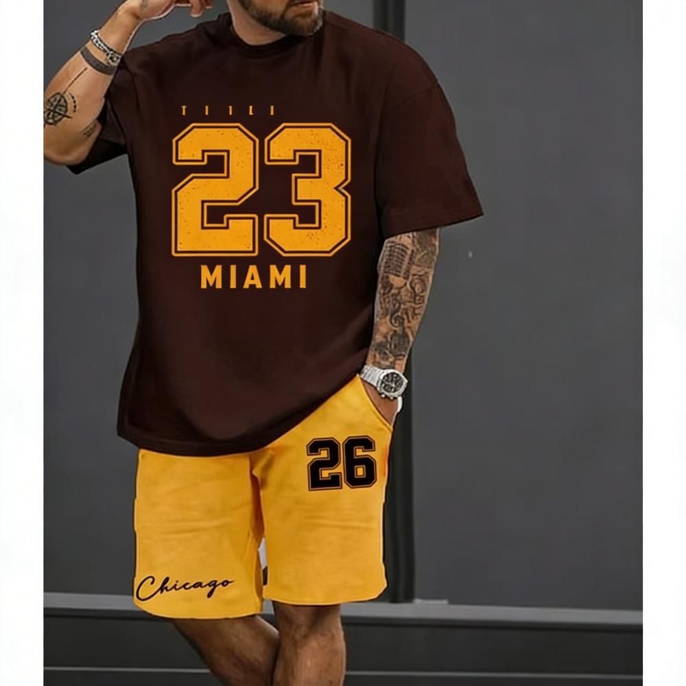 2026 Men s Casual Wear Everyday T-Shirt and Shorts Set Loose-Fit Athletic Drawstring Shorts with Pockets Outdoor T-Shirt Set S