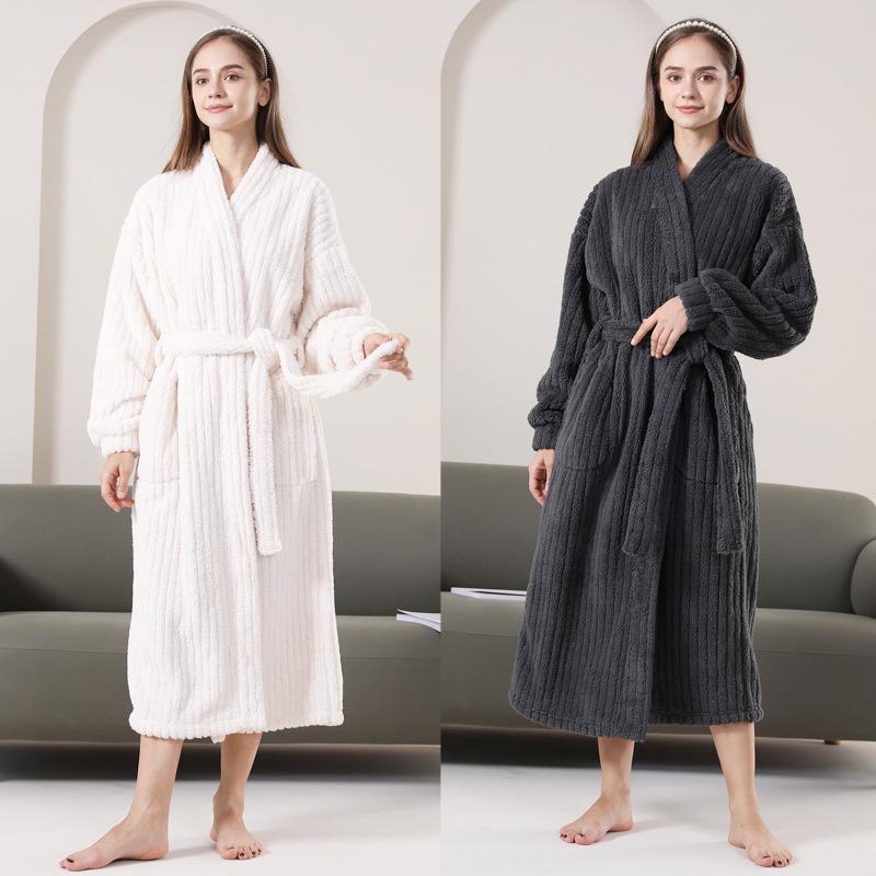 Women's Coral Fleece Thick Velvet Lined Bathrobe - Cozy Autumn/Winter Long Robe Pajamas