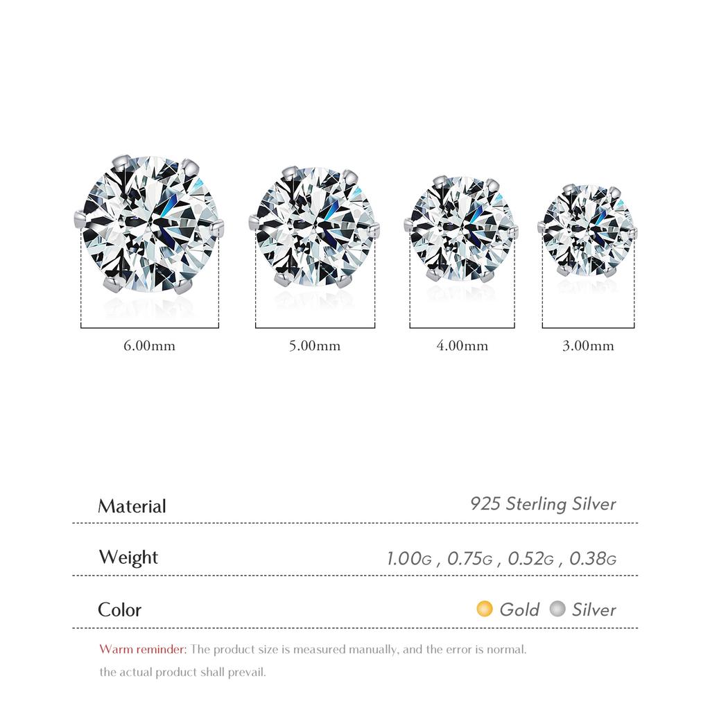 925 Sterling Silver Basic Sparkling Round Stud Earrings Classic Crown Hypoallergenic Wedding Jewelry for Women