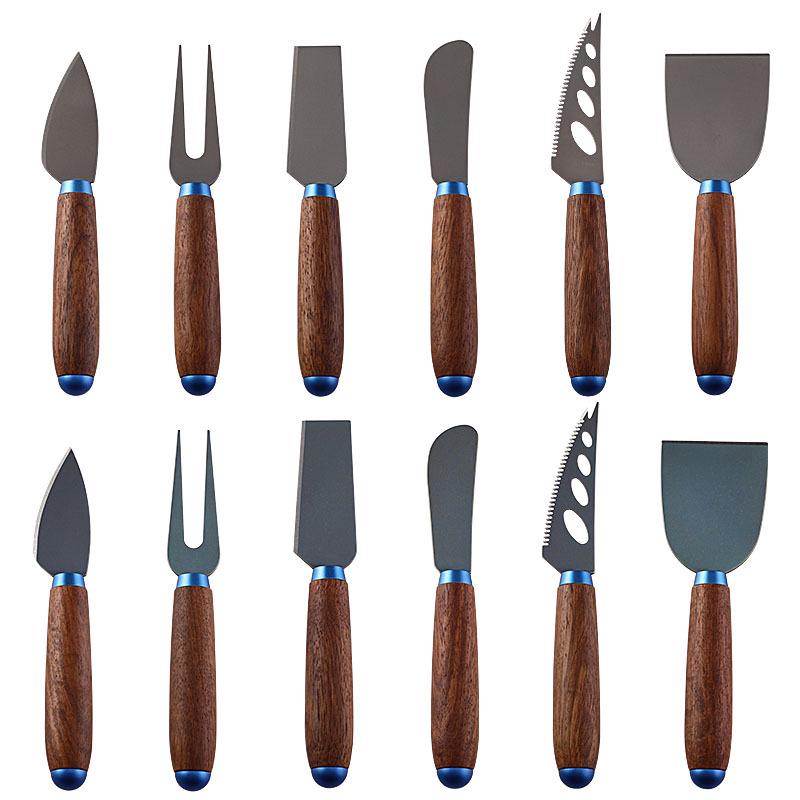 New Style Carved Wooden Handle Cheese and Butter Knife Set with Titanium Alloy Blades
