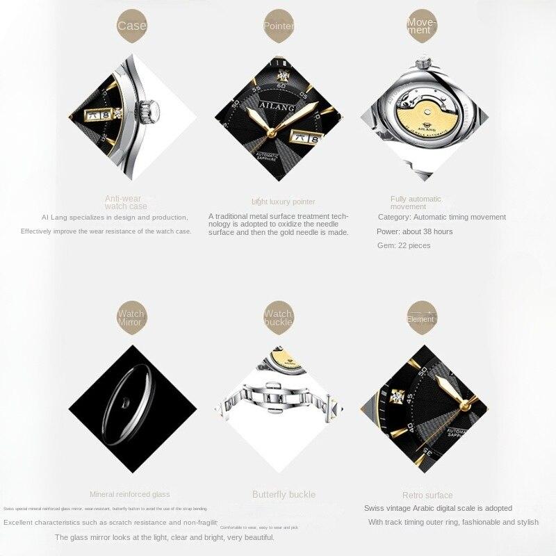 AILANG Montre mécanique entièrement automatique pour hommes Montre pour hommes Mode Double Calendrier Pierre Acier Montre étanche