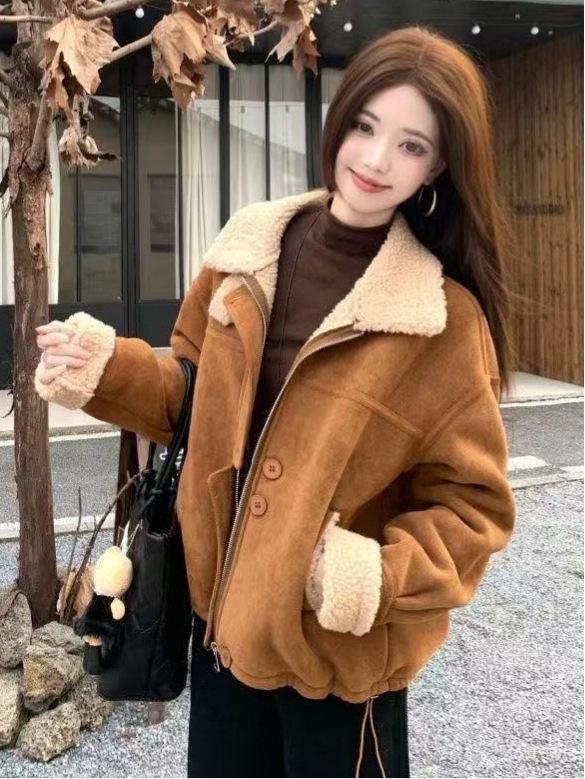Melaleuca Plus Women's Winter 2026 Lambswool Patchwork Loose Jacket with Thickened Velvet Lapel and Long Sleeves