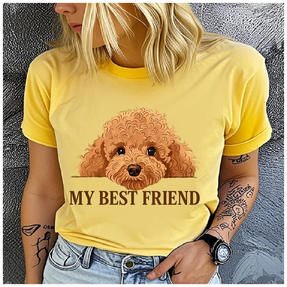 Polyester 100% Pet Lover Women Short Sleeve T-Shirt Poodle Dog My Best Friend Graphic Casual Tee