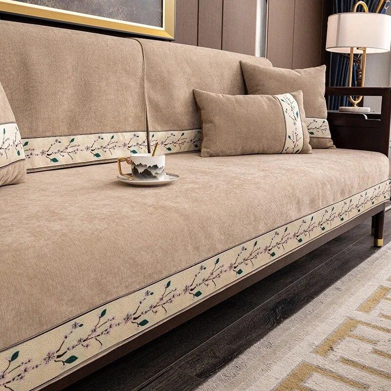 Chenilowa Mata na Sofę z Haftem Antypoślizgowa Pogrubiona Ręcznik na Oparcie Dekoracja Domu Salonu Pyłoszczelna Pikowana Poduszka