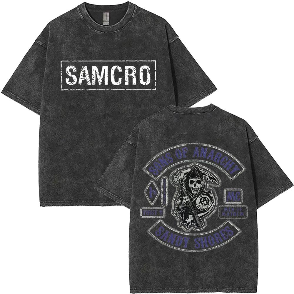 MXLLimited Anarchy Son Samcro Vintage Wash Tshirt Unisexs And Womens Skeleton Hip Hop Rock Casual Tshirt Short Sleeve Top