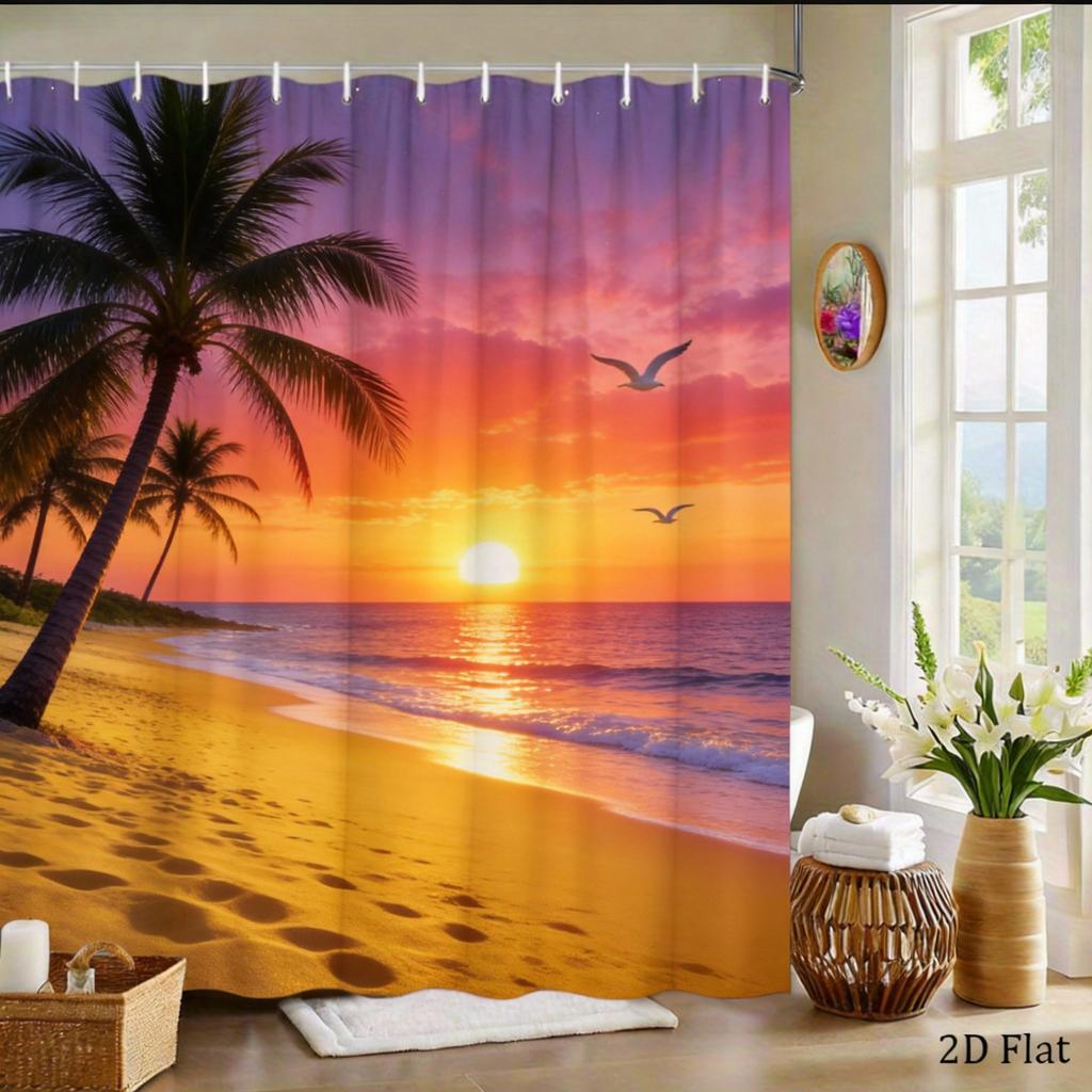 Desert Sunset Shower Curtain Cactus Landscape Print with Snowy Mountains Polyester Bath Curtain with Hooks for Boho Decor
