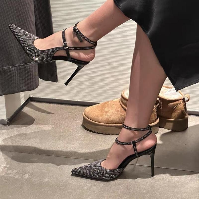 Fashion Luxury Bling Rhinestone Embellished Pumps Women Fashion Pointy Toe Ankle Strap Buckle Designer Shoe Sexy Nightclub Stripper Shoe