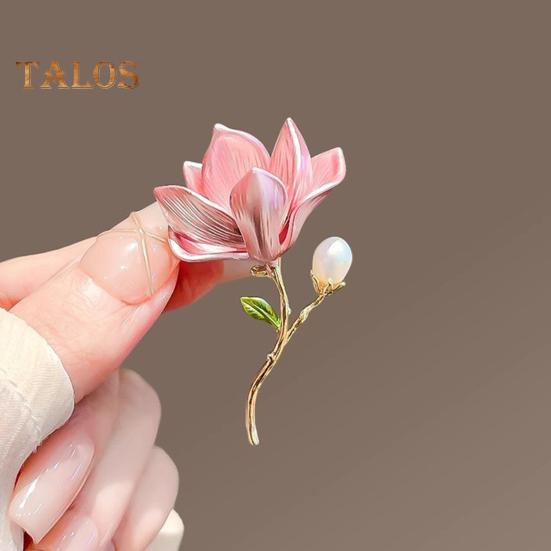 Magnolia Flower Brooch for Women Artificial Flower Pins Faux Pearl Enamel Badges Lapel Pins for Jackets Dresses Coats Accessories