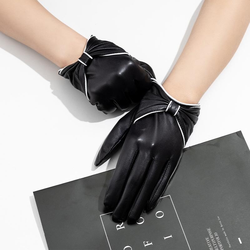 Zimowe damskie rękawiczki ze skóry owczej z ekranem dotykowym i podszewką polarową, ciepłe, z prawdziwej skóry, z kokardką, rękawiczki do odzieży damskiej