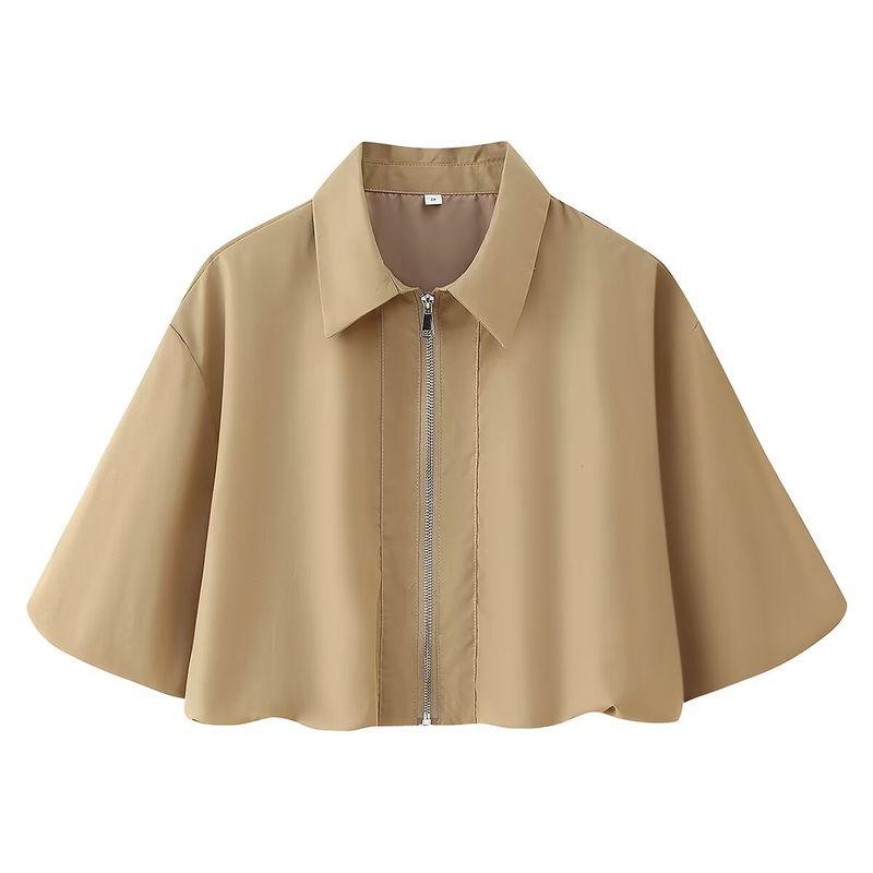 

Kaslead New Women clothes Western Style Fashion Two-Color Short sleeve Zip-up Top Outerwear Half-Length Pleated Skirt Khaki Tops L