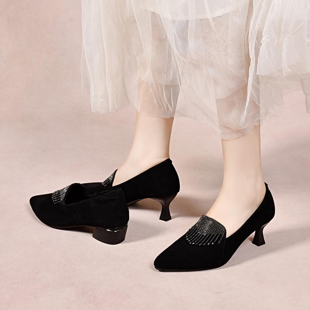Pointed high heels women's 2025 autumn and winter simple temperament black small single shoes one pedal four-season shoes hot diamond fashion shoes