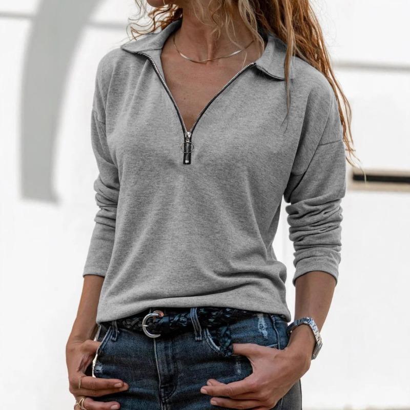 Casual Loose Knitted V Neck Zipper Long Sleeve T Shirt For Women