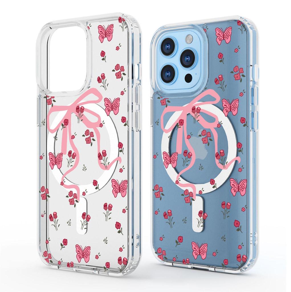 Bowknot Floral Magnetic Case for iPhone 15/16/17 Pro Max - Transparent Full Coverage