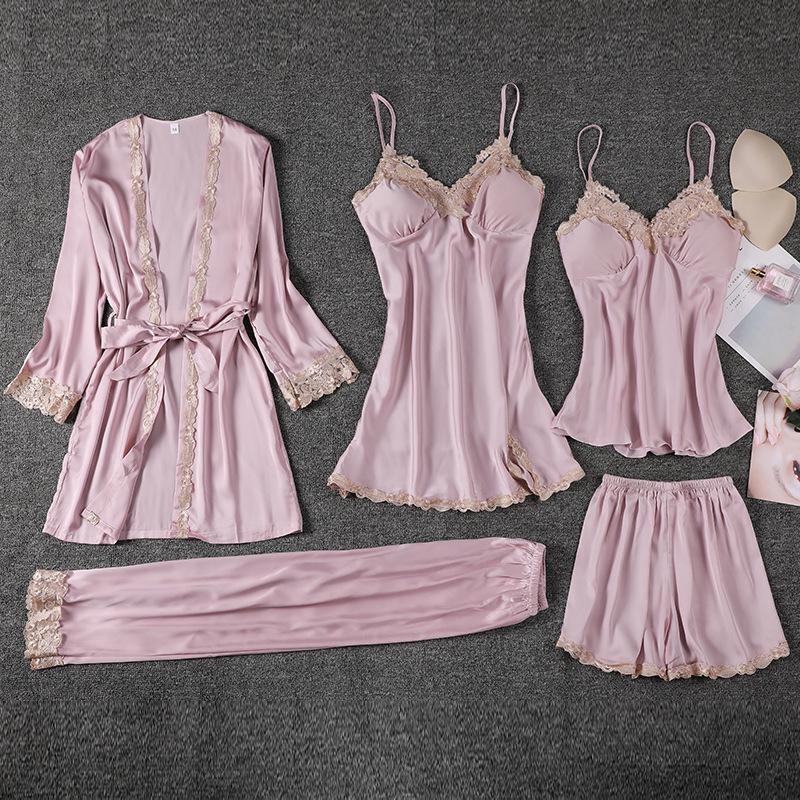 Women’s Ice Silk Pajama Set - 5-Piece: Robe, Camisole, Silk Bottoms, Chest Pads - Lightweight, Sexy, All-Season Home Wear