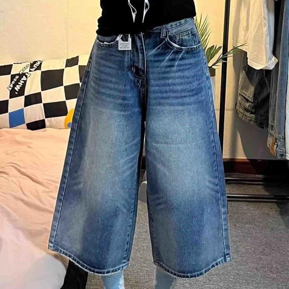 Women s High Waisted Vintage Washed Denim Capri Pants Loose Wide Leg Cropped Jeans Casual Streetwear XS