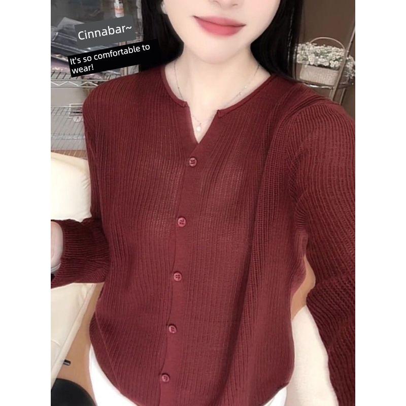 Simple and Stylish Red Long-Sleeved Knitted Cardigan for Women, 2026 Autumn New Style, Elegant and Complexion-Enhancing Casual Plus-Size Top