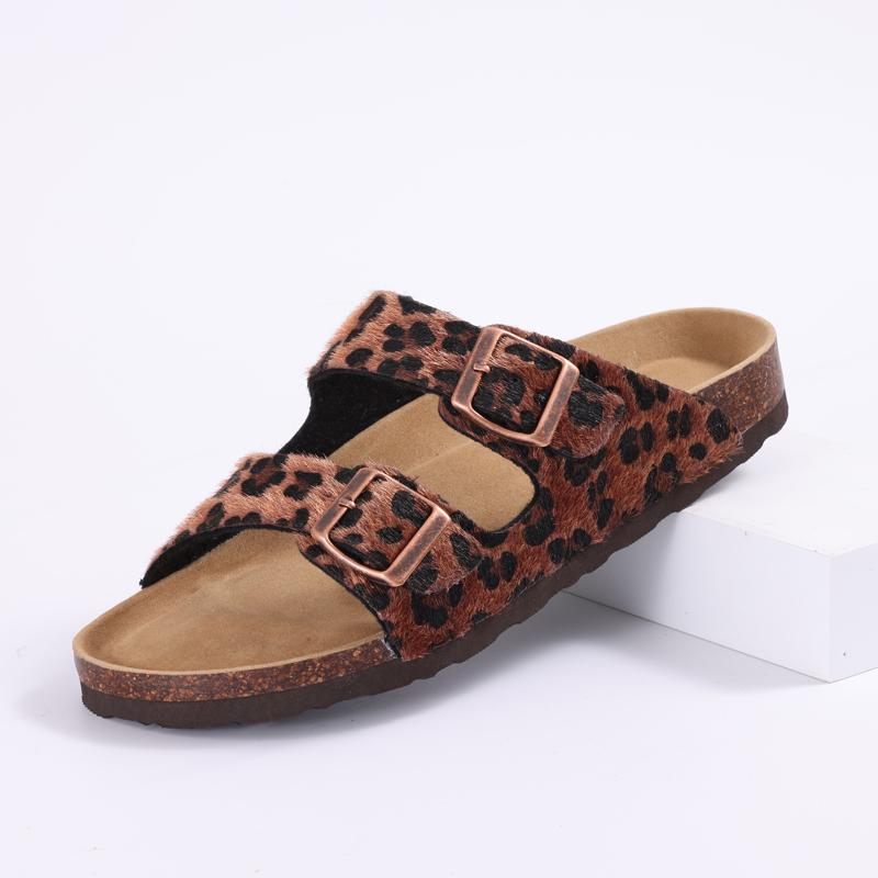 Fashion Litfun Classic Women's Sandals Casual Cork Footbed Flat Bottom Slippers Open Toe Leopard Designed Slides With Adjustable Buckle