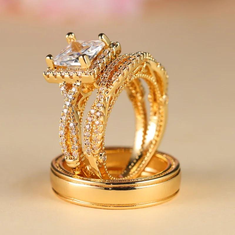 Charm Couple Rings Men Stainless Steel  Rhinestones Zircon Women Wedding Band  Set Valentine Day Jewelry