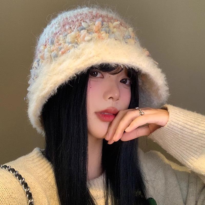 Japanese Plush Knitted Fisherman Hat for Women In Autumn and Winter Korean Style Face Showing Small Bucket Hat Warm and Cold Proof Woolen Hat Trendy