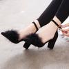 Spring new thick high-heeled side empty suede pointed head sexy and thin one-word buckle with fluffy sandals women