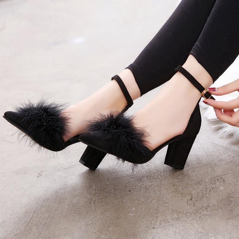 Spring new thick high-heeled side empty suede pointed head sexy and thin one-word buckle with fluffy sandals women