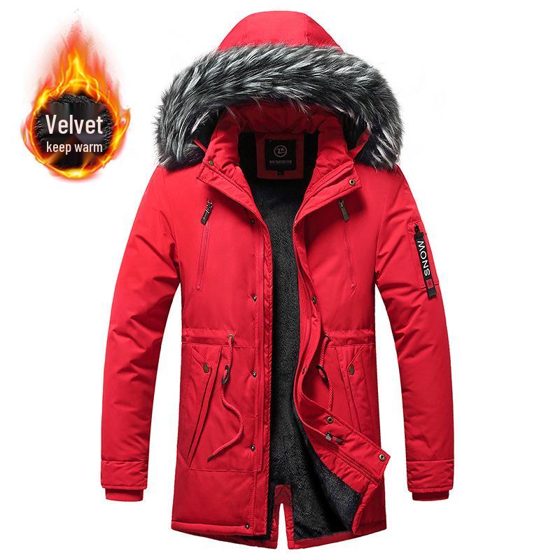 Herren Winter Kapuzen Baumwolljacke mit Pelzkragen - Mit Samt gefüttert, Verdickt, Warm, Mittellang, Übergröße. 4XL rot