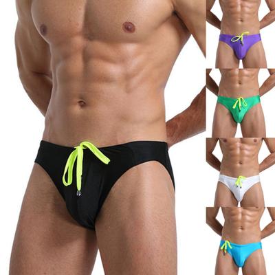 Low Rise High Elasticity Swimming Trunks Men Solid Color Drawstring Surf Briefs Beachwear