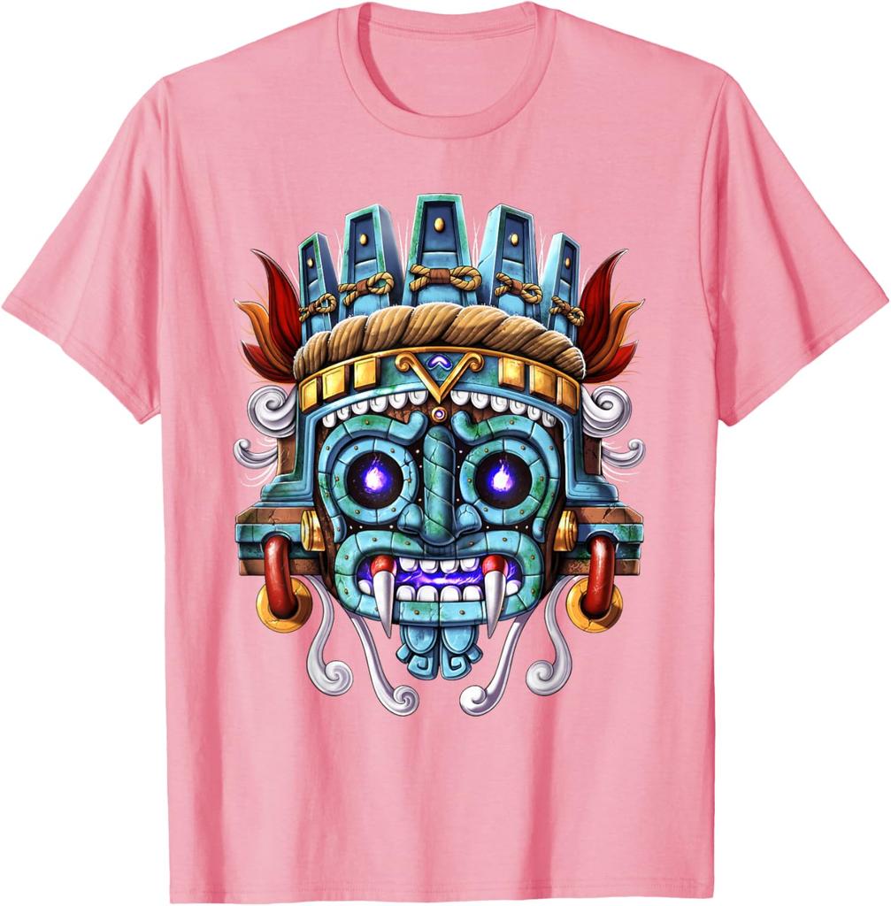 T-shirt Grafica con Testa di Divinità Azteca Tlaloc Maya Maglietta da Uomo Fresca a Maniche Corte in Cotone