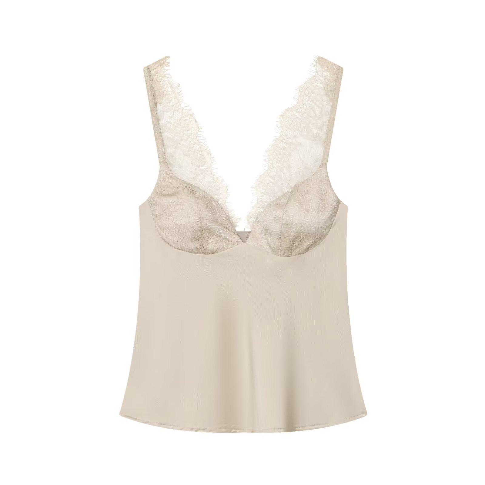 

Elegant Women s Lace Silk Satin Top - European & American Style Small абрикосовий