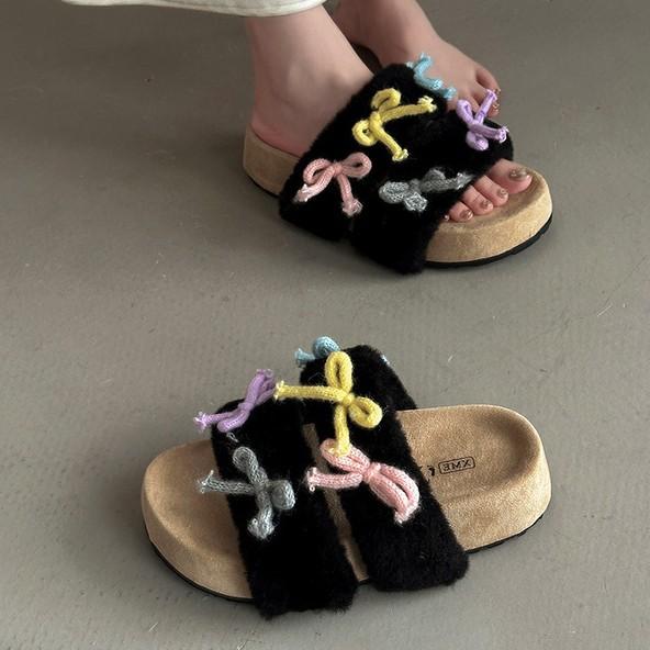 Versatile color matching bow slippers Korean version design sense autumn fashion niche one-word casual shoes girls Mao Mao drag