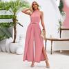 Damen Sommer Casual Einfarbig Ärmellos Neckholder Jumpsuit Lose Hohe Taille Gürtel Weite Beinhose Jumpsuits