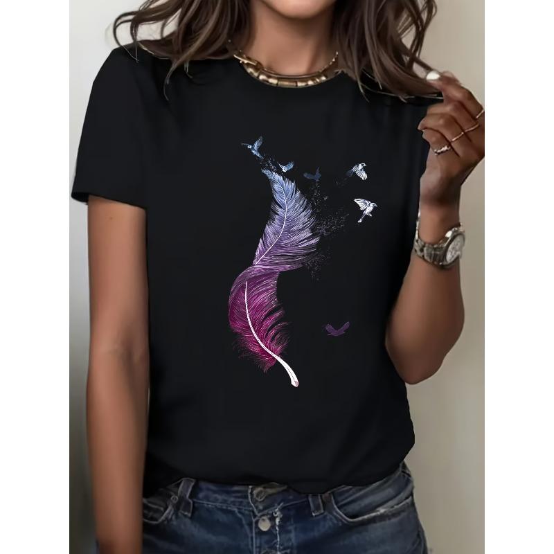 

European sizes Women s Blend T-Shirt - Classic Fit, Soft Breathable, Casual Daily Wear, Classic Crew Neck 4XL чорний
