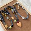 Love Pendant Patchwork Cloth Clavicle Chain Multicolor Wood Bead Necklace Ethnic Style Jewelry Accessories