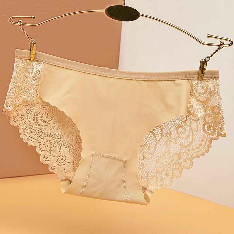 Women's Printed Ice Silk Underwear with No Trace Low Waist Bow Hollow Lace Triangle Pants