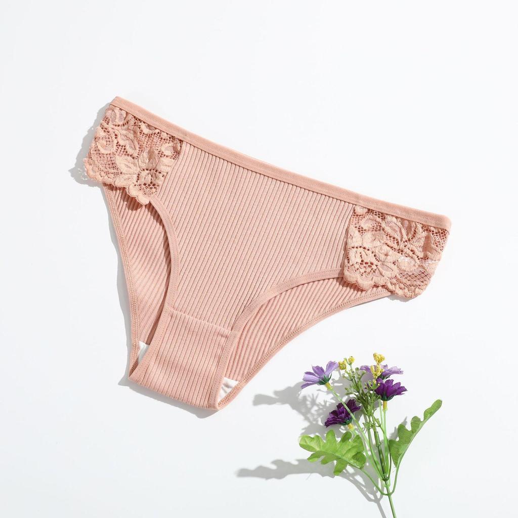 Women's Spring and Summer New Cotton Pure Color Thread Lace Breathable Double Layer Low Waisted Briefs