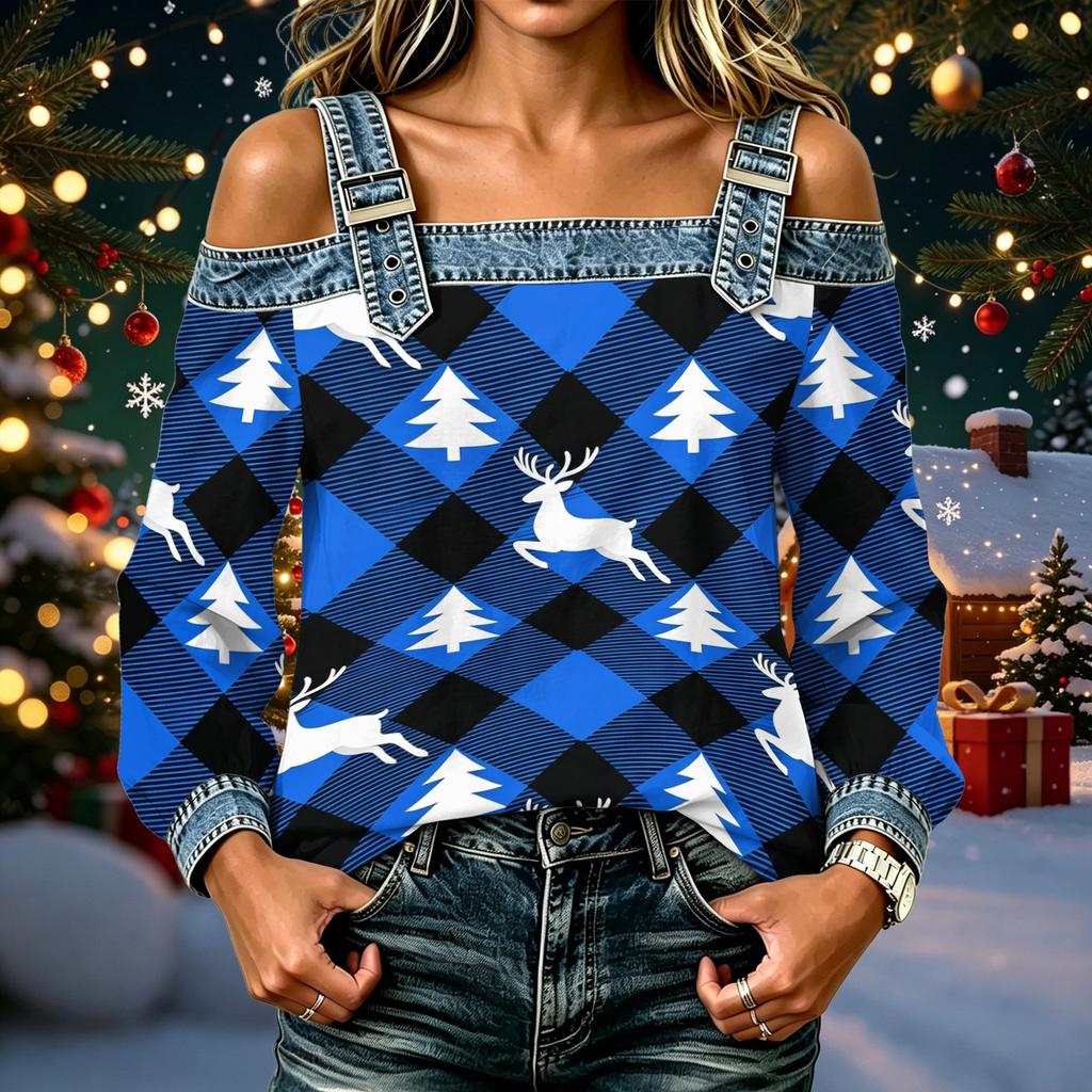 Women's Casual Off-Shoulder Long Sleeve Christmas Print Top for Holiday Parties