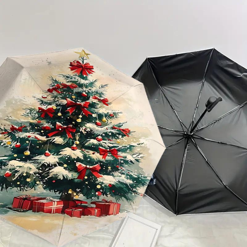 Christmas Tree with Red Bow Decorations - Automatic Opening Umbrella, Portable Folding Design, 8-Bone Iron Frame, Outdoor Rain Shelter, Fest