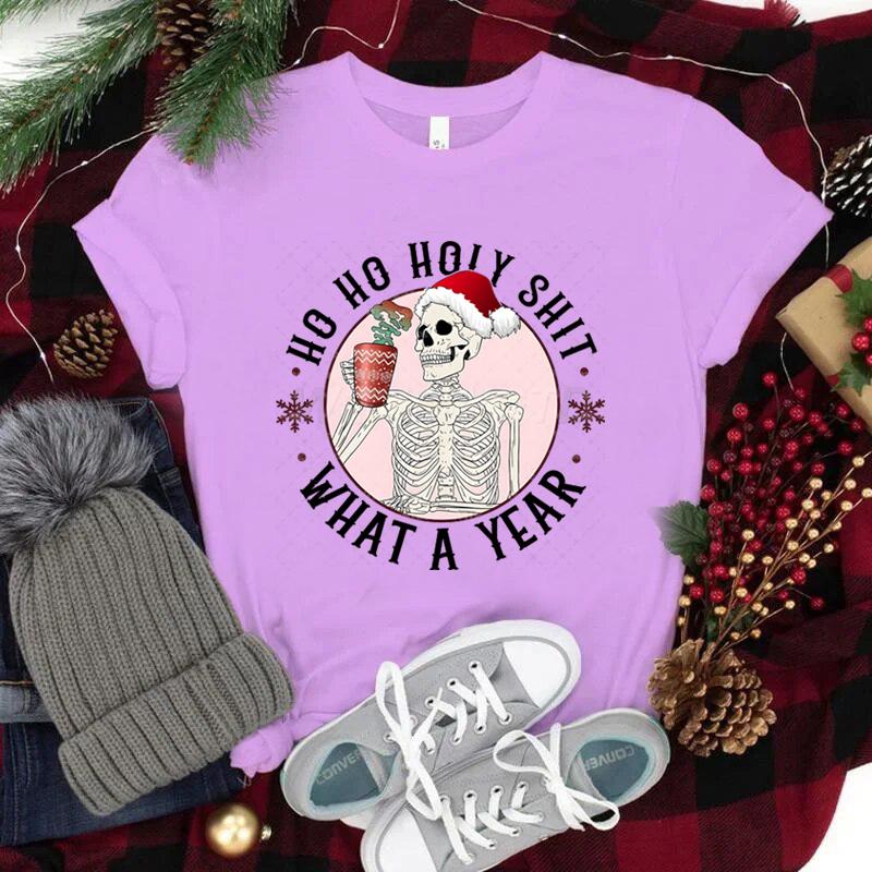 Ho Ho Ho Weihnachtsshirt mit kurzen Ärmeln für Damen Weihnachtsmannmütze Totenkopf Street Style Kleidung Damen Trendiges Neujahrsshirt
