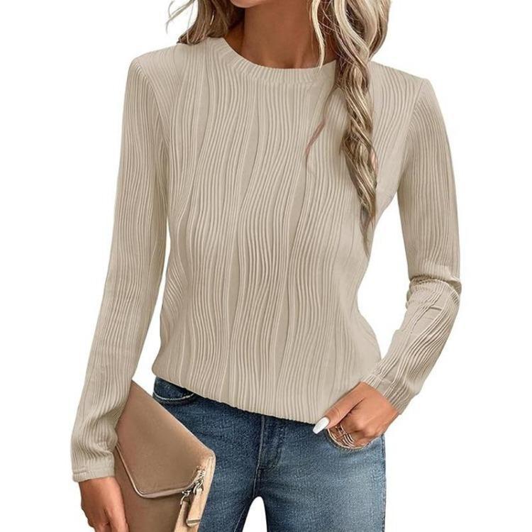 Women Long Sleeve Solid Color Top Round Neck Shirt for Autumn Winter