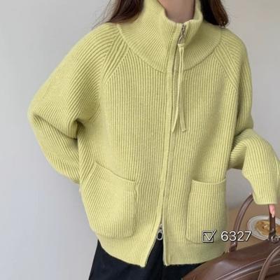Herbst und Winter Rollkragen Reißverschluss einfarbig Tasche lässig gestrickte Strickjacke dünn vielseitig fauler Wind Pullover Jacke Damen