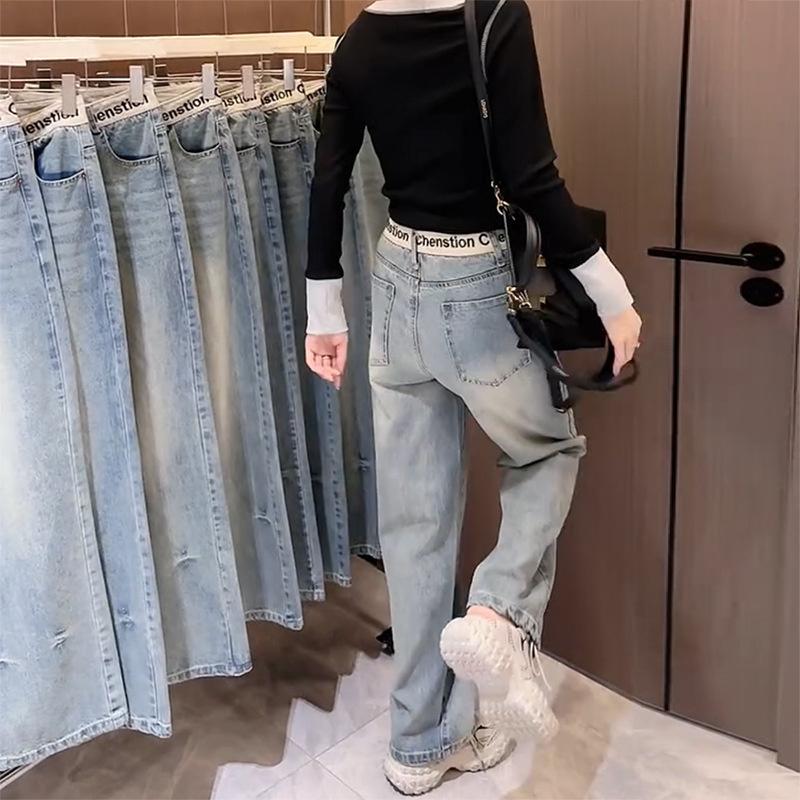 Women's Slim-Fit Wide-Leg Jeans 2026 New High-Waisted Plus Size Slimming Embroidered Letter Straight Pants
