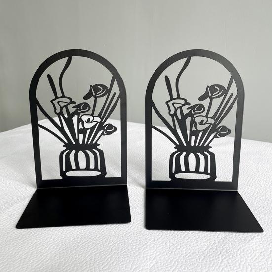 2 Stück Bücherregal-Buchstützen, hohle Blumen, geschnitztes Muster, Vase, Buchstützen, L-förmiges Design, rutschfester Buchhalter