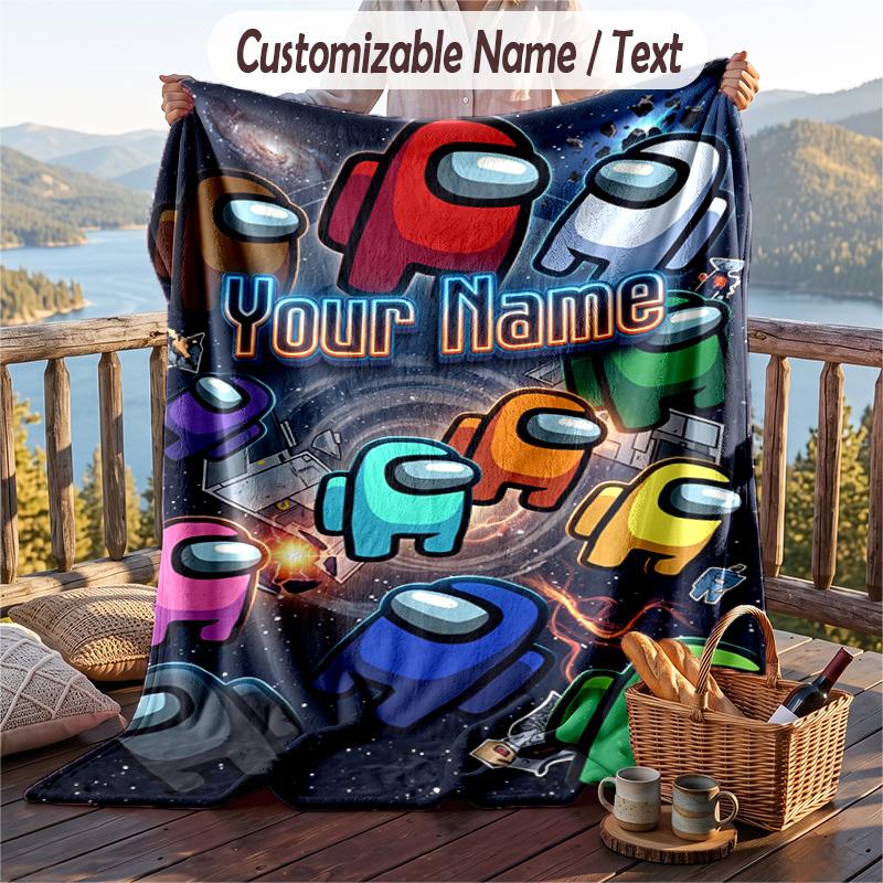 Among Us Flannel Blanket, Personalized Custom Name Text, Soft Warm Plush Throw Blanket For Gift