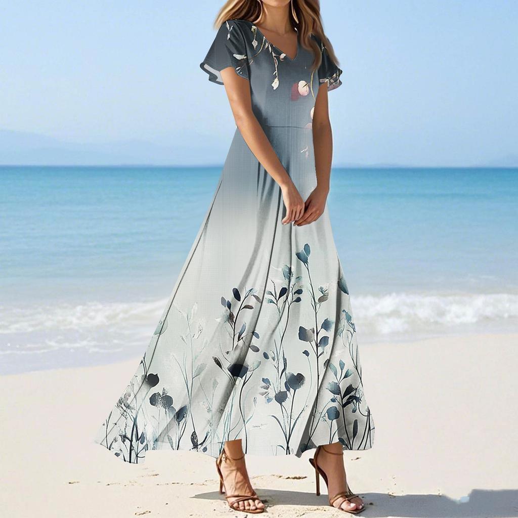 Women's Casual Fashion Print Long Dresses V-Neck Short Sleeve Dresses