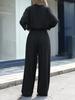 2026 Women's Solid Color Deep V-neck Top + Straight Leg Pants Two-piece Set - European and American Style, Loose Fit, Long Sleeve, Lightly Mature.